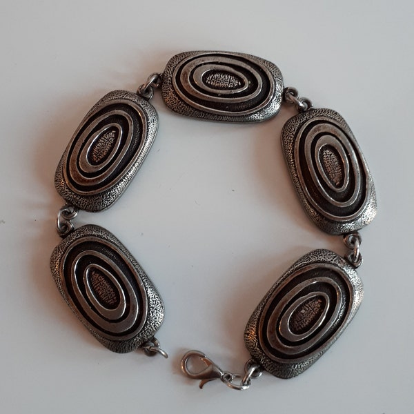 vintage abstrait moderniste design biomorphique texturé argent métal allongé panneau link bracelet