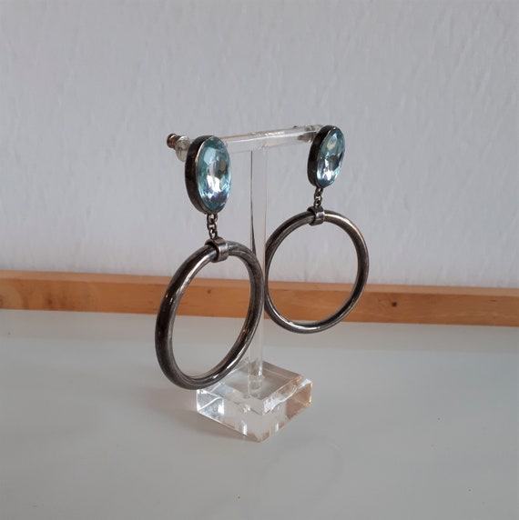 STATEMENT silver plate big oval blue crystal ston… - image 3
