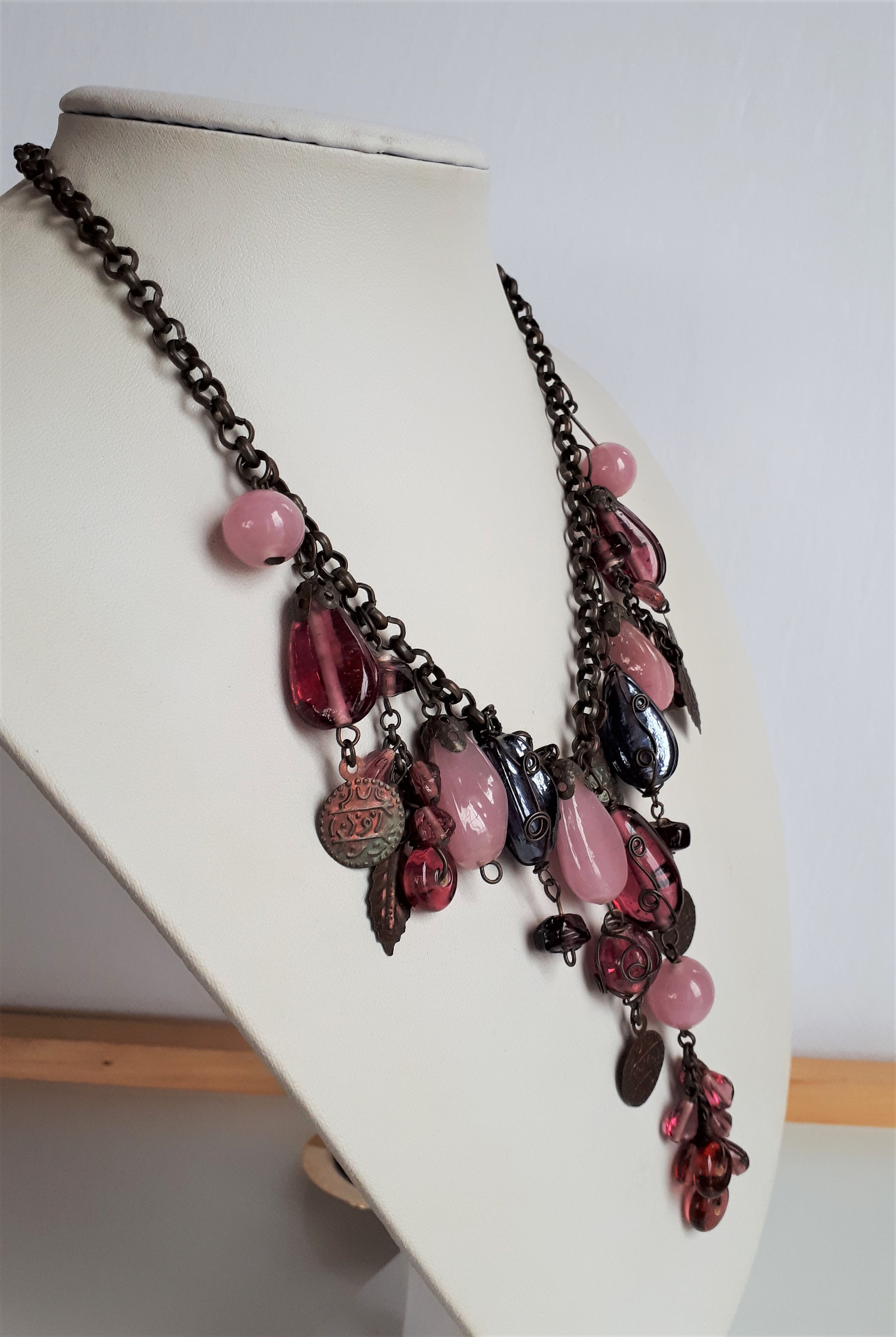MARC LABAT Paris France Heavy Bib Charm Necklace Purple Pink Glass