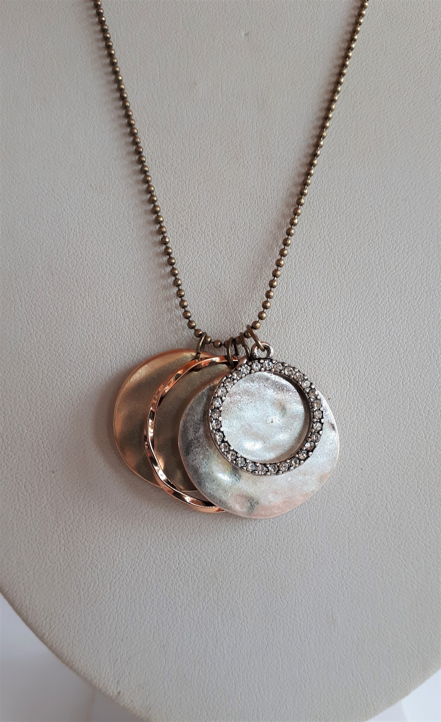 Signed Aeo Mixed Metals Modern Boho Necklace With Discs Circles Charm Pendant Rhinestones Etsy
