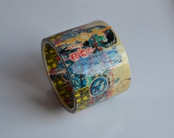 Unique statement Vintage papier mache psychedelic peace and love era hippie bangle bracelet large size