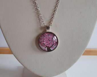 Vintage pink Tree of Life pendant medallion necklace with chain
