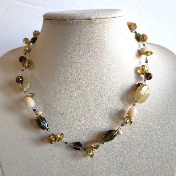 Vintage Beige Cream Cognac Brown Art Glass Wired Beaded Station