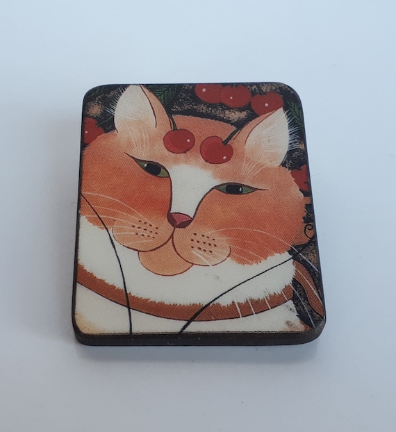 Vintage funny Cat with cherries brooch pin