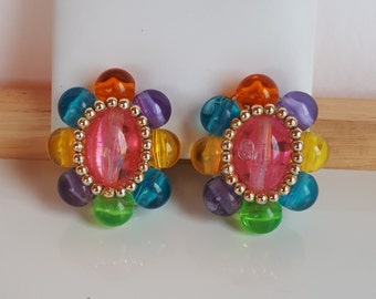 Boucles D'oreilles Anciennes Plaqué Or - Inclusion Fleur Lucite, Style Art Déco, Occasion
