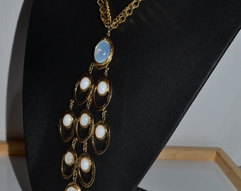 STATEMENT Vintage faux moonstone opal glass cabochon necklace huge 5 inches pendant gold tone chains