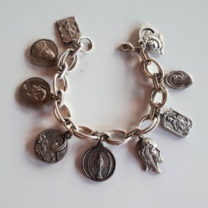 Charm bracelet with 9 pcs antique and vintage silver tone metal religious saint medals, religious bracelet, saint medal bracelet,