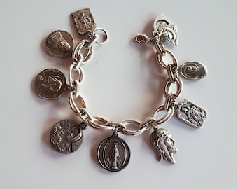 Charm bracelet with 9 pcs antique and vintage silver tone metal religious saint medals, religious bracelet, saint medal bracelet,