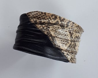 Polsino in pelle vintage con stampa marrone e pelle di serpente