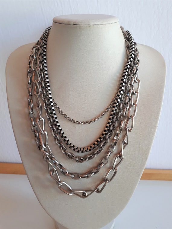 Chunky statement silver colored metal multi chain… - image 1