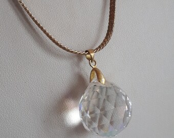 Large Vintage faceted cut clear glass crystal ball pendant necklace