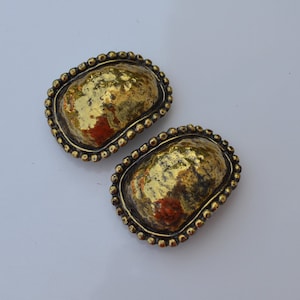 Vintage 80s EDOUARD RAMBAUD Paris signed modernist statement clip earrings hammered antiqued gold tone metal
