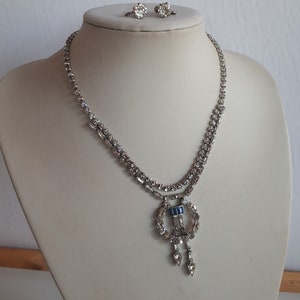 Vintage 50&#39;s ART DECO revival clear blue accent crystal rhinestone jewelry set dangle earrings and bib necklace, bridal wedding jewelry,