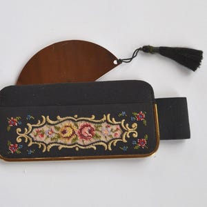 unusual Vintage old metal purse pocket mirror in hand embroidered petit point etui floral design with tassel