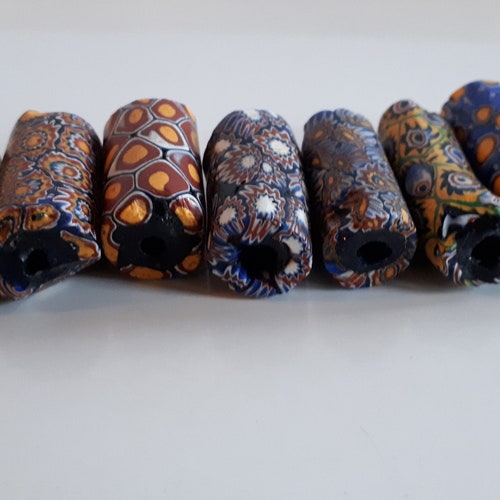 Collection shops 7 pcs rare huge Antique African Venetian Millefiori glass loose tube trade beads for jewelry make collectable