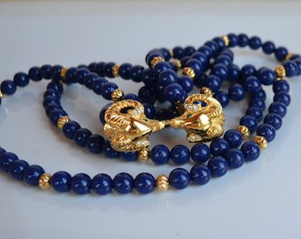 Vintage KJL Kenneth Jay Lane signed blue resin plastic gold metal 2 ram heads encrusted rhinestone statement Necklace