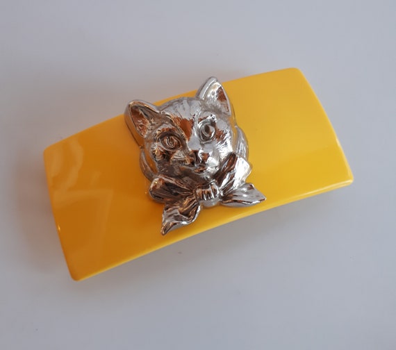 large Vintage yellow plastic rectangular hair bar… - image 1