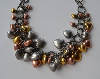 Mixed metals puffy heart charm cluster necklace choker, romantic necklace, gift for her,