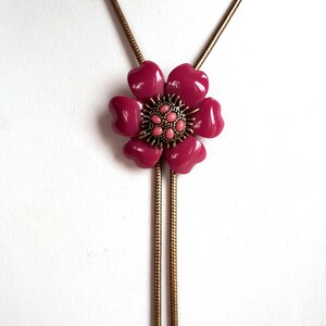 Vintage purple resin plastic flower slide pendant tie style necklace with brass snake chain with leaves charms