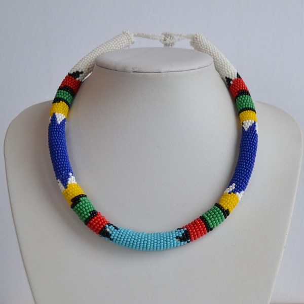 unisex Vintage African Maasai beadwork glass seeds torque collar necklace red blue green yellow white geometric pattern design