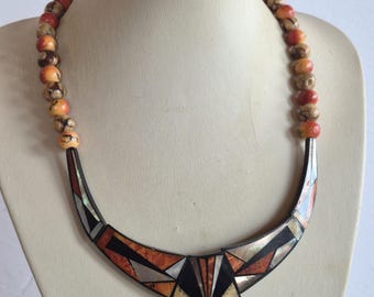 Vintage Lee Sands appelkoraal slabketting, parelmoer ingelegd, art-decoontwerp