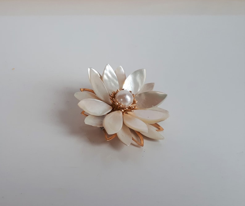 Big Vintage mother of pearl shell MOP layered flower Brooch Pin gold accent dimensional hand carved