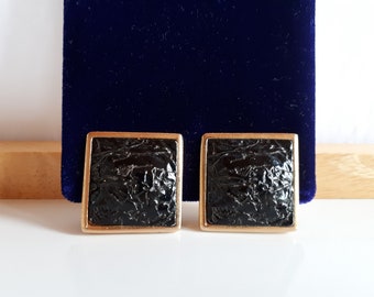 Big Vintage gold metal black enamel modernist square shape clip earrings
