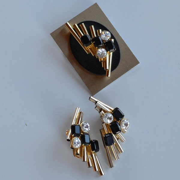 Vintage modernist Abstract machine age gold metal black clear rhinestone set brooch pin clip earrings, unique jewelry set,