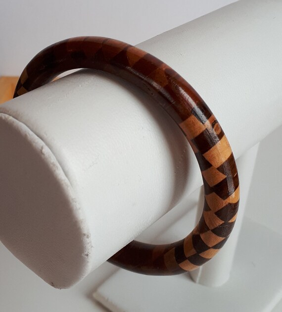 Vintage mixed wood marquetry mosaic bangle bracel… - image 4