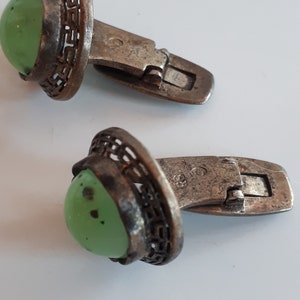 Antique Chinese green jade open work sterling silver 925 domed cufflinks cuff links