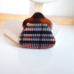 Designer miniature plastic lucite purse handbag with tartan motif and articulated handle brooch pin, women plastic handbag brooch pin,