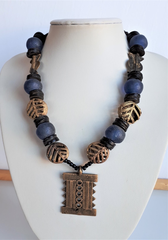 STATEMENT Vintage African Tribal blue glass trade… - image 1