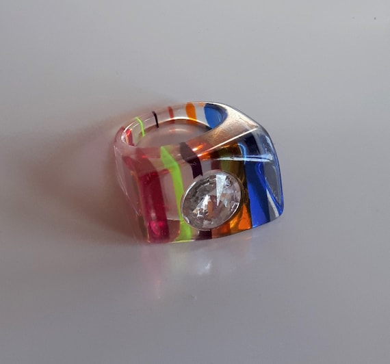 Clear lucite striped ring, Chunky all rainbow colo
