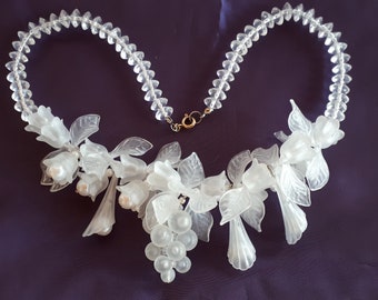 Vintage clear frosted lucite plastic cluster bib necklace with molded grape flowers leaves faux pearl, wedding bridal jewelry,