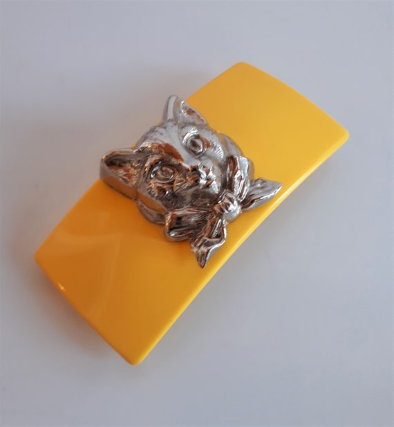 large Vintage yellow plastic rectangular hair bar… - image 2