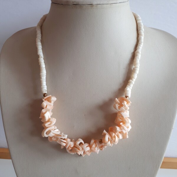 Vintage peach pink and white heishi shell bib necklace, beach jewelry,