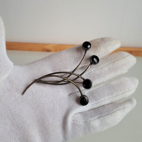 Big Vintage signed sterling silver 925 black enamel stylized shops bunch of flowers brooch pin OOAK
