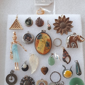 Vintage pendants charms all sizes glass stone metal your choice heart MOP leaf pyramid sunflower fashionista elephant watch photo locket