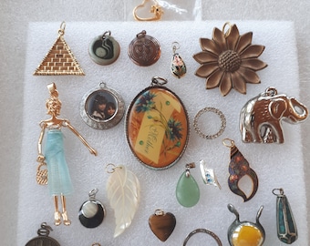 Vintage pendants charms all sizes glass stone metal your choice heart MOP leaf pyramid sunflower fashionista elephant watch photo locket