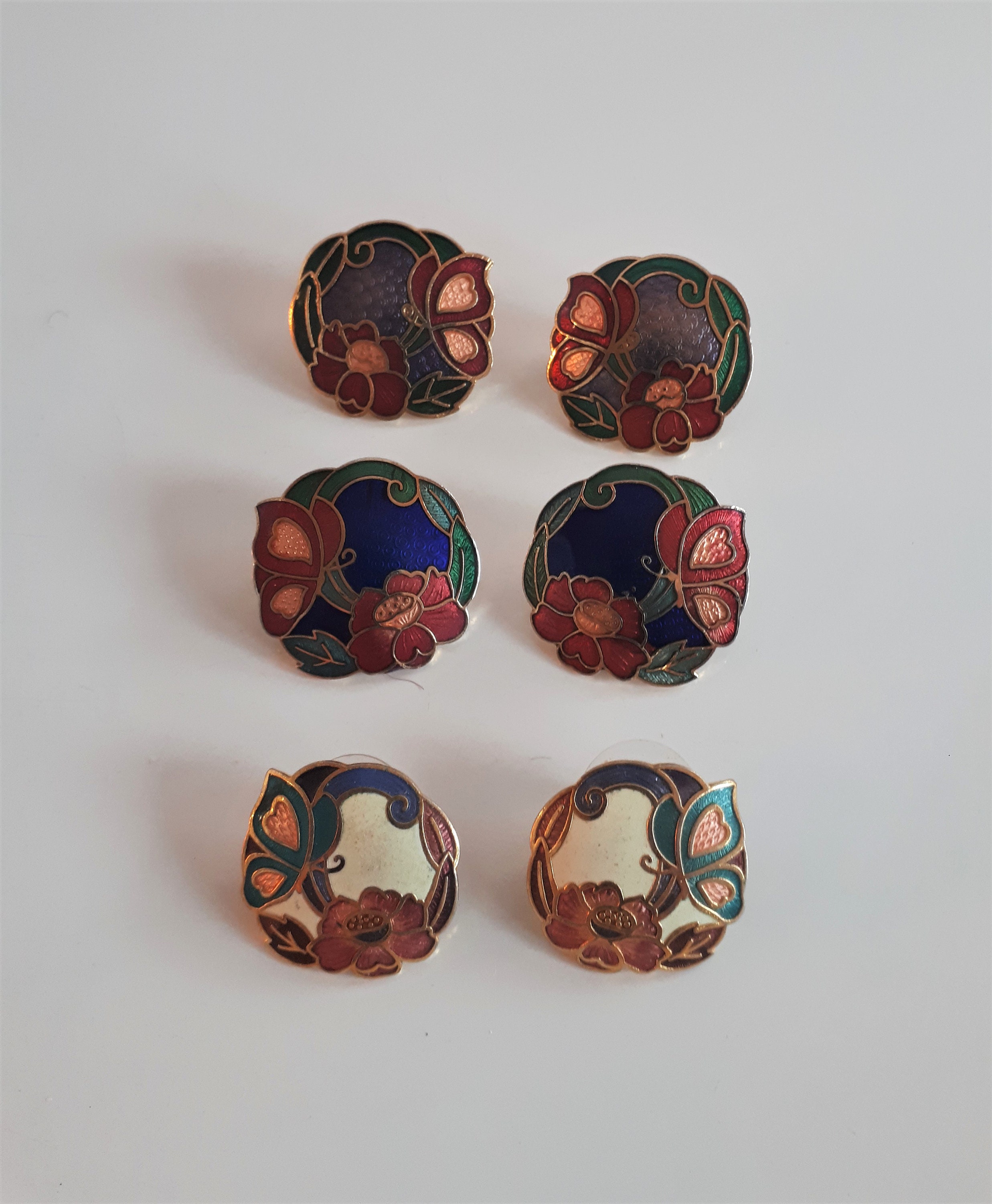 Boucles D'oreilles Vintage Clips Dorées - Émail Papillons Et Fleurs - Bon état