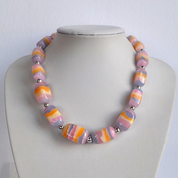 Vintage SOBRAL layered pastel colors resin beaded necklace lavender pink cream yellow peach