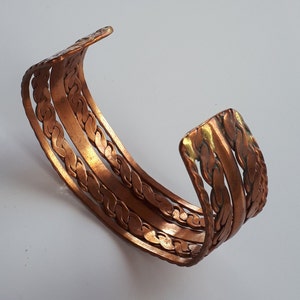 Unisex wide Vintage 70&#39;s hammered braided solid copper and brass rope design men women cuff bracelet