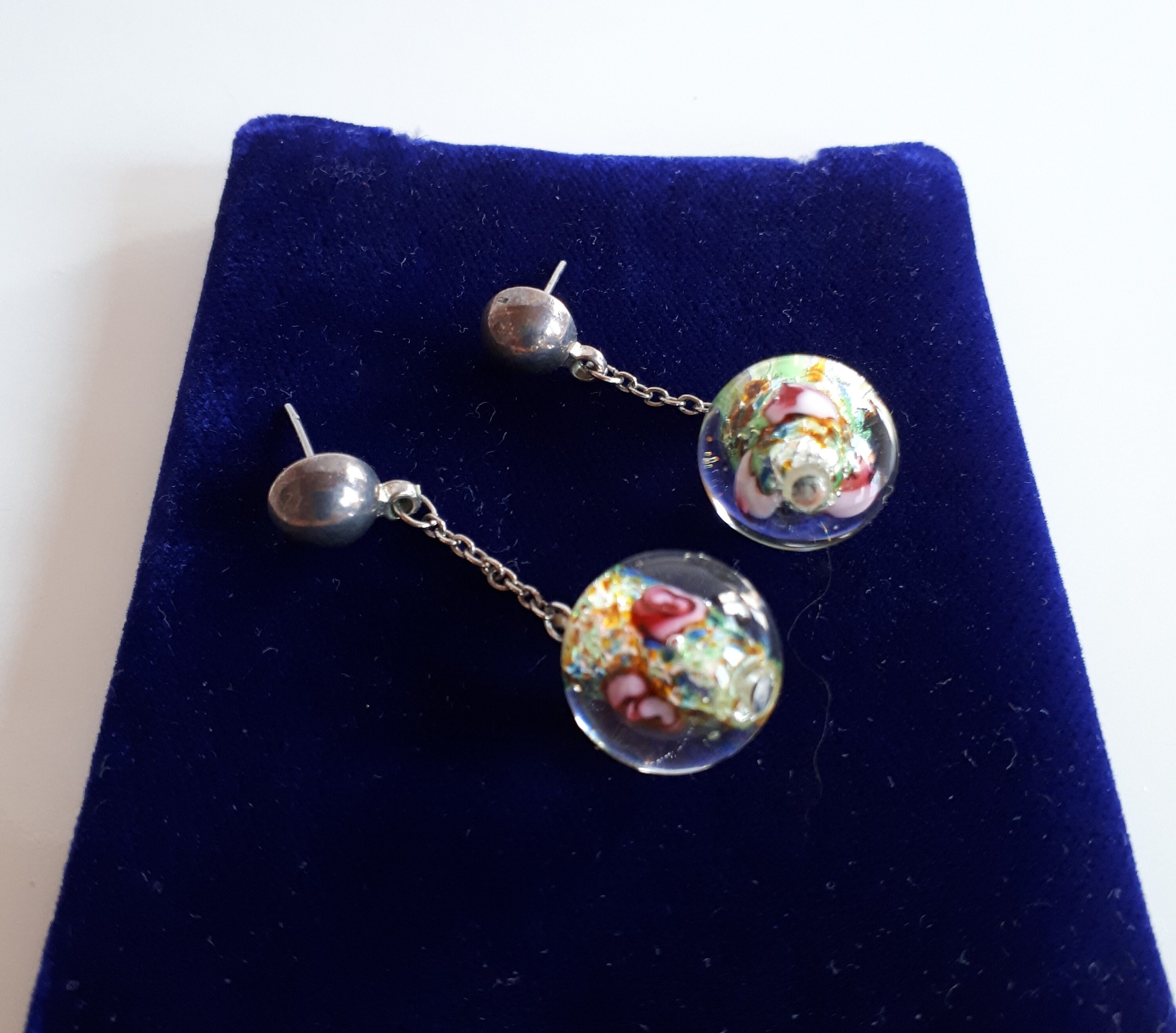 Vintage Murano Venetian foil glass embedded roses dangle pierced earrings with big ball bead