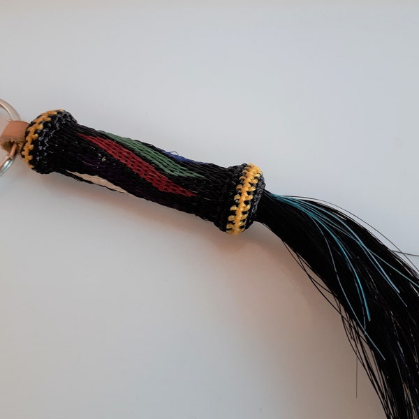 Unisex very long braided natural black horsehair keychain key ring with colors accent