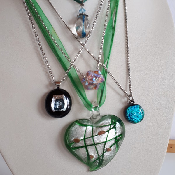 dichroic foil art glass Murano style and crystal pendant necklace heart drop ball blue green pink for wear or craft your choice