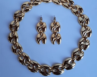 Statement DESIGNER gold metal demi parure set necklace earrings big unusual links, designer jewelry set, statement jewelry set,