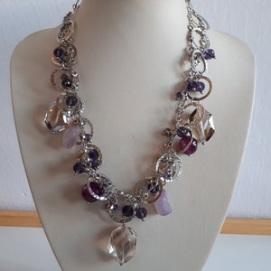 Statement modern silver metal multi strand charm necklace with  purple and clear crystal and agate beads