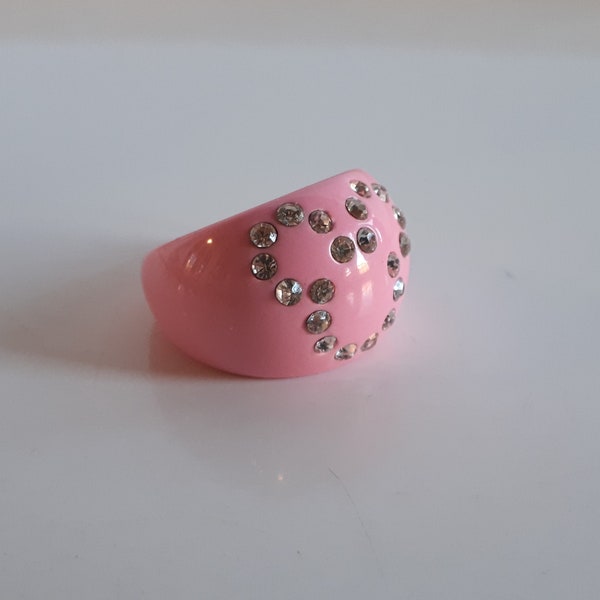 Bold statement pink lucite plastic encrusted clear rhinestone Mickey Mouse ring Size 5.5 - 6