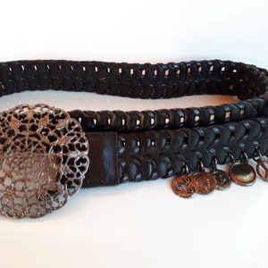 Vintage Statement BOHO couture braided black leather gun metal filigree buckle dangle charms women's belt image 2