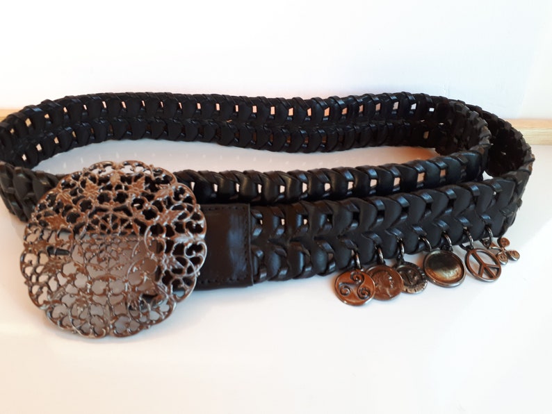 Vintage Statement BOHO couture braided black leather gun metal filigree buckle dangle charms women's belt image 2